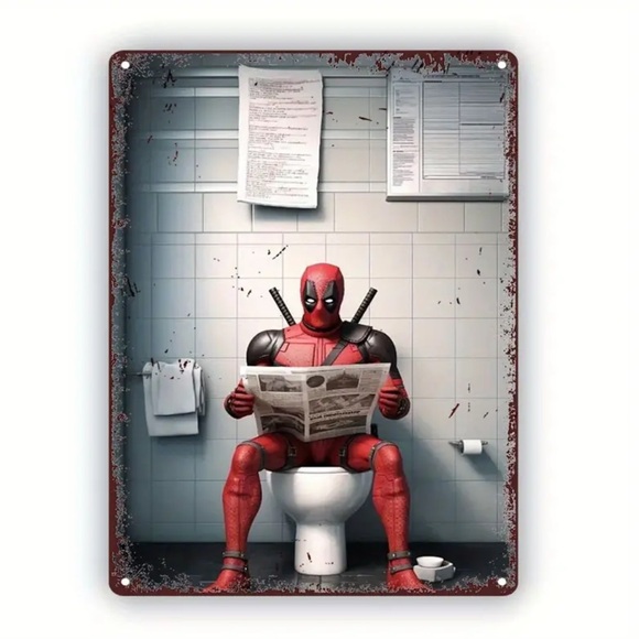 ‼️$7‼️ Deadpool Toilet Tin Sign: Humorous Quirky Bathroom Decor Marvel - Picture 4 of 9
